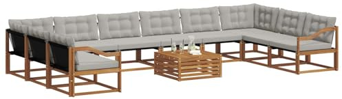 vidaXL Outdoor-Sofagarnitur mit Kissen 11 pcs Natürlich und Hellgrau, Garten, modernes Sofa-Set für draußen, langlebige Loungemöbel, wetterfest, tolle Terrasse-Couch