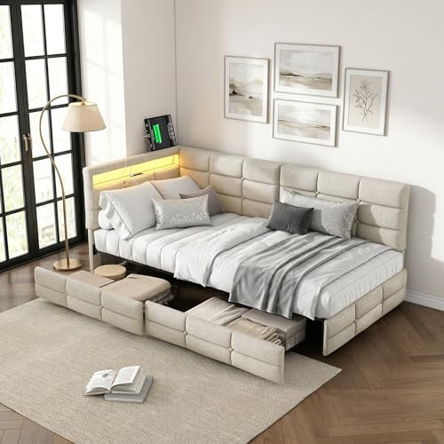 Einzelbett Tagesbett 90×200cm Polsterbett Schlafcouch, Jugendbett Daybett, Stauraumbett Schlafsofa mit 2 Schubladen, Kinderbett Sofabett Bettgestell mit Lattenrost,Leinen (Beige F, 90 x 200 cm)