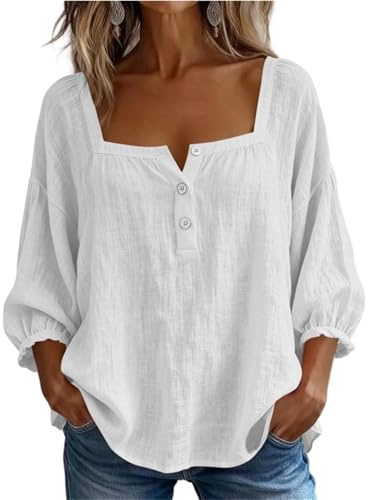 Chemise Femme Coton Lin Été Décontracté Tee Shirt Manches 3/4 Col Carré Boutonnée Chic Et Élégant Blouse Couleur Unie Confortable Léger Haut Grandes Tailles pour Quotidienne Top