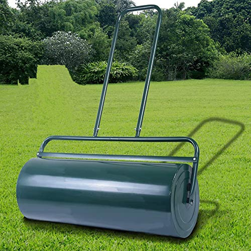 SOHNVWTGD 63L/113L Garden Lawn Roller, Large Push Tow Water Sand Filled Drum with Gripping Handle, Scraper Bar and Grain, Steel Manual Rolling Tool Grass Roller (63L, 99 x 30 x 137cm, Green)