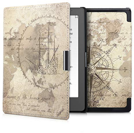 kwmobile Custodia eReader Compatibile con Kobo Aura Edition 1 Cover - eBook Reader Flip Case - marrone/marrone chiaro - Mappamondo vintage