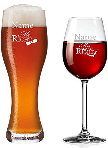 polar-effekt Weizenglas und Weinglas Personalisiert mit Gravur - Mr. & Mrs. Always Right - Geschenk zur Verlobung, Hochzeit für Paare