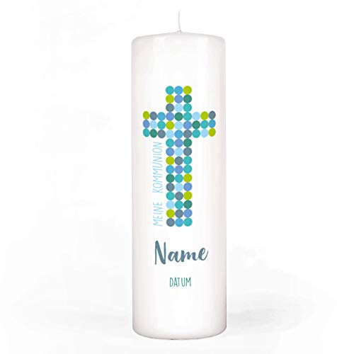 Striefchen® Kommunionkerze mit Aufdruck des Namen und Datum und Ihrem eigenen Segenswunsch für Jungen Punkt-Kreuz