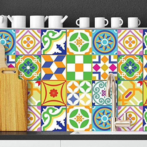 WALPLUS 15cm 24pcs Spanish Colourful Mosaic Wall Tile Stickers Peel and Stick Backsplash Self-Adhesive Vinyl Home Decor DIY Living Room Splashbacks Spring Easter Decoration Tile Paint Stick on Tiles