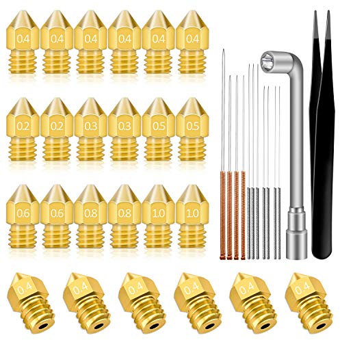 Hakkin 37Pcs 3D Printer Nozzles Brass MK8 Extruder Nozzles 0.2mm, 0.3mm, 0.4mm, 0.5mm, 0.6mm, 0.8mm, 1.0mm Extruder Print Head for Makerbot Creality CR-10 Ender 3 5 with Nozzle Cleaning Tool