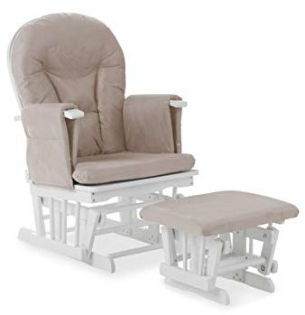 Obaby Reclining Glider Chair & Stool - White with Sand Cushion
