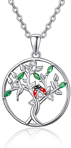 KINGWHYTE Tree of Life Necklace Silver Ladybird Pendants World Tree Necklace Gorgeous Zircon Necklaces Jewellery Gift for Women Best Friend