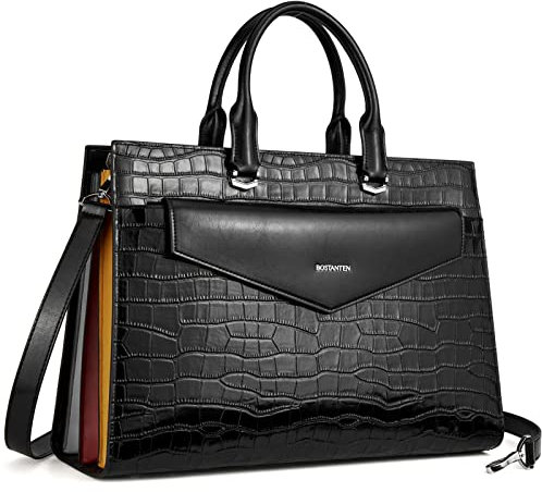 BOSTANTEN Damen Aktentaschen Leder Laptop Schultertasche 15.6 Zoll Krokodilmuster Frauen Arbeitstasche Businesstasche Groß Schwarz