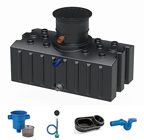 Retentionstank Retentionszisterne flach 2000 Liter Komfort mit Retentionsfilter, Schwimmdrossel 1 Zoll, Überlaufsiphon mit Skimmer und beruhigtem Zulauf für die Retention von Regenwasser