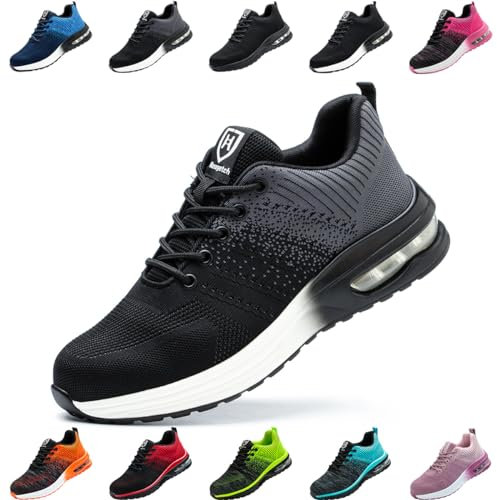 Zapatos de Seguridad Hombre Mujer Zapatillas Trabajo Ligero Comodo Calzado de Seguridad con Punteras de Acero Transpirable Antideslizante Gris EU 38