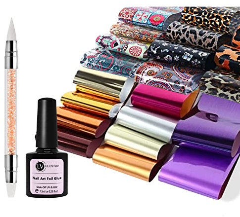 Dotcom Living Nail Foil Transfer Gel Glue Sticker for Gel Nails Art Laser Decoration Glitter Decal Manicure UV LED Lamp Required DIY Soak Off (100pcs foil Set)