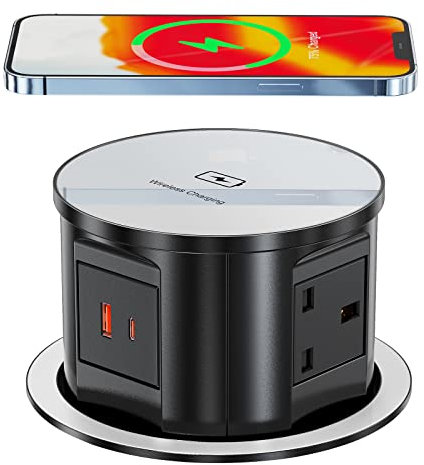 Pop Up Socket for Kitchen Worktops with Wireless Charging 15W, Recessed Power Socket with USB C, 4 UK Plug Socket, Pop up Power Socket, 13A/3250W, Black