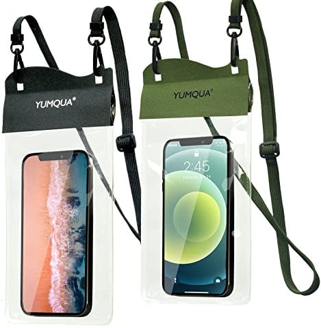 YUMQUA Waterproof Phone Pouch 2 Pack, [Up to 7.5] IPX8 Waterproof Cell Phone Case Dry Bag Compatible with iPhone 15 14 13 12 11 Pro Max, Galaxy S23 S22 S21 Ultra, Pixel 4 XL, Black+Army Green