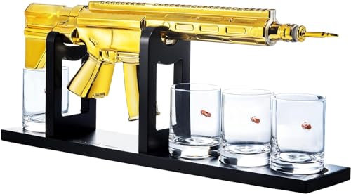 AR15 Carafe à whisky dorée avec 4 verres à whisky en forme de balle – Le vin Savant, cadeau pour les pères, oncles, fils – Cadeau militaire, cadeau de bar à domicile, fête des pères