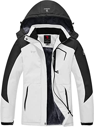 donhobo Womens Waterproof Jacket Winter Warm Fleece with Hood Windproof Camping Hiking Coat(White Black,XL)