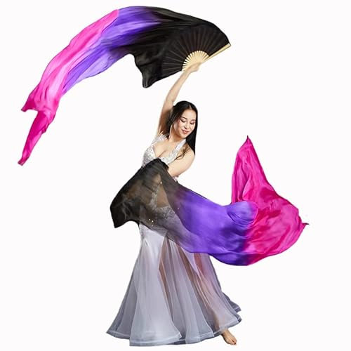 Nimiman 1 paio di ventagli per danza del ventre (sinistra + destra) in seta, da donna, velo per danza del ventre, lunghi ventagli pieghevoli, lunghezza 180 cm, larghezza 90 cm (nero, viola, rosa)