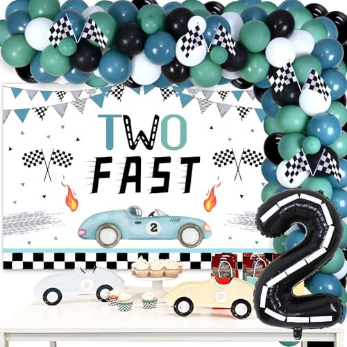 Zwei schnelle Geburtstagsdekorationen Junge Vintage - Ballongirlande Kit mit zwei schnellen Hintergrund, 2 Foliennummer Ballon, Rennwagenflaggen, Retro Let's Go Racing 2. Geburtstag Party Supplies