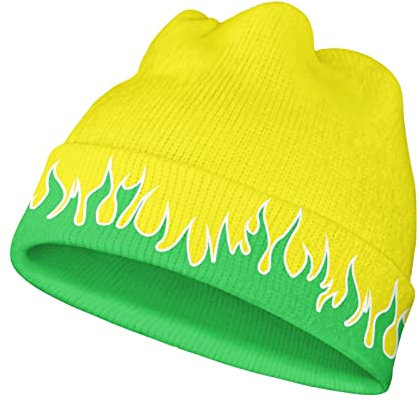 Fire Flame Beanie-Mützen für Männer und Frauen, weiche, warme Grafik-Beanie, lustige Bündchen mit Totenkopf-Mütze, Gelb-grüne Flamme, Einheitsgröße