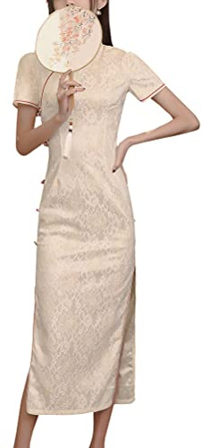 Deluxe Maxi Cheongsam Cap Sleeve Manarin Collar Slim Fit Side Slit Chinese Qipao Dress Evening Party Formal Wear (as1, Numeric, Numeric_6, Regular, Regular, #7-08 Beige White, 6)