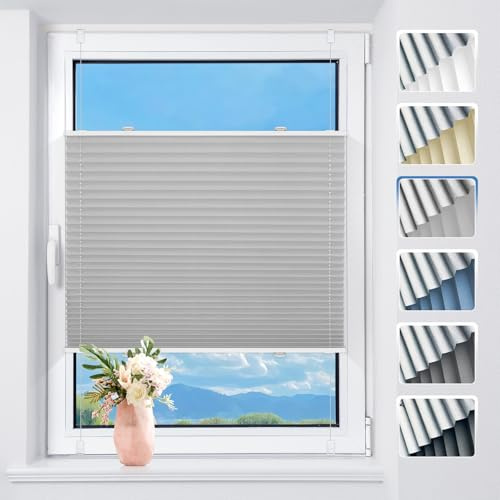 TFSKY Plissee ohne Bohren Verdunkelung Klemmfix Hellgrau B75 x H110 cm | Verdunklungsplissee Hitze- & Sonnenschutz, Thermo Plisseerollo, Sichtschutz für Fenster, Tür, Schlafzimmer, Wohnzimmer, Büro