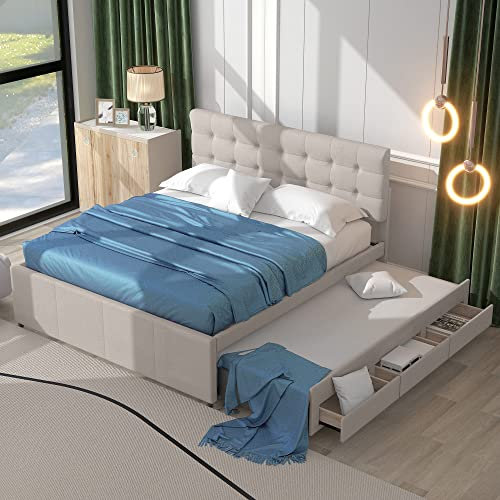 Azkoeesy Polsterbett 140 x 200 cm, mit Ausziehbett und 3 Schubladen, Doppelbett mit Kopfteil und Lattenrost, Stauraum, für 3 Jugendliche und Erwachsene, bezug aus Leinen, Beige