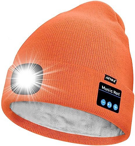 ATNKE Unisex LED Bluetooth Mütze mit Licht,Wiederaufladbare USB 4 LED Musik Redner Laufmütze Lampe Winter Warme Gefüttertes Fleece Stricken Mütze für Herren und Damen Geschenke/Bright Orange