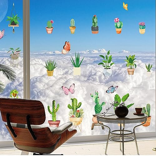 ORIGACH 9 Blatt Topfpflanzen Fensterdekorationen Sommer Bonsai Tropische Pflanzen Wand Glas Aufkleber Palmenblätter Kaktus Sukkulenten Haus Glastür Fensterdekoration