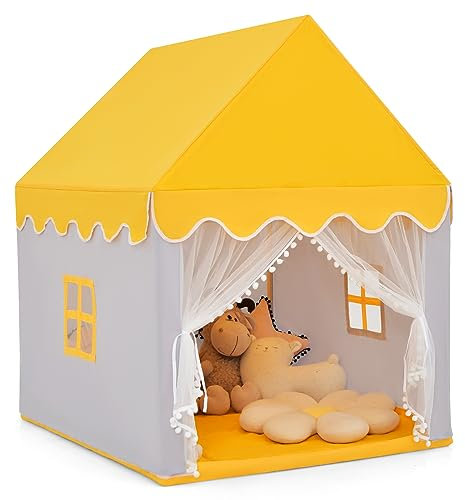 DREAMADE Tente Enfant 105x120x140CM Cabane Enfant Portatif avec Moustiquaire & Fenêtre Maillée, Chateau pour Garçons Filles Bébé avec Tapis Épais pour Intérieur et Extérieur (Jaune+Gris)