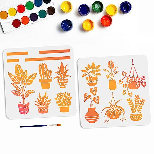 MAYJOYDIY 2 x Topfpflanzen-Schablonen, Kaktus, Sukkulenten, Orchidee, Malschablone, 30 x 30 cm, mit Pinsel, wiederverwendbare Vorlagen für Garten, Hof, Innendekoration, Wand, Segeltuchtasche