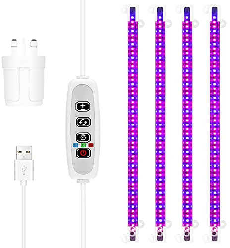 TopHomer Plant Grow Light Strips, LED Grow Lights for Indoor Plants, 430nm+660nm Mixed Red Blue Light, 9-Level Dimming Mode, 3/9/12H Timer, 4 Switch Mode, Grow Lamp for Succulents, 4 Tube-UK Plug