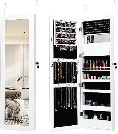 HOMASIS Armario para joyas de pared y puerta, joyero con espejo de cuerpo entero, espejo de maquillaje y 12 LED, espejo interior y cerradura, con ganchos para cadenas y pendientes, 120x37x9cm (Blanco)