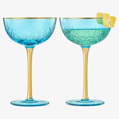 The Wine Savant Vintage Art Deco Coupe for Champagne, Martini, Cocktails | Set of 2 7 oz Classic Cocktail Glassware - Manhattan, Sidecar, Crystal Speakeasy Style Saucer Goblets with Stems (Blue)