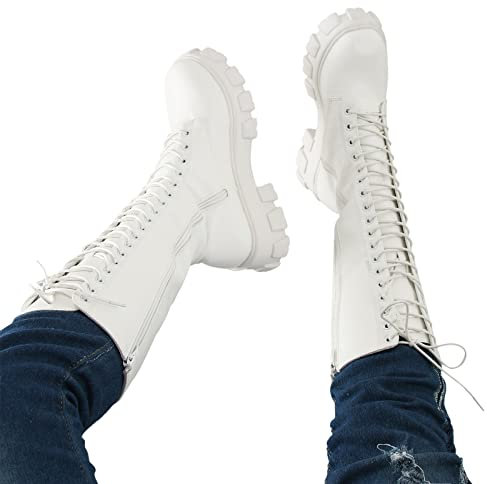 FGUUTYM 37-42 - Stivali con lacci da donna bianchi, con chiusura lampo laterale, a mezza altezza, con cinturino, bianco, 40 EU