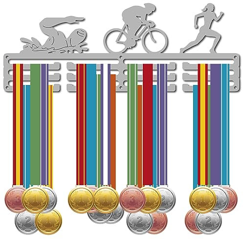 CREATCABIN Triathlon Medaillenhalter Aufhänger Schwimmen Radfahren Laufen Sport Medaillenständer Organizer Medaillenaufhänger Rennen Wandmontage Für Sportler Medaillengewinner Laufen Schwimmen 40x15cm