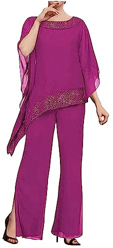 3 piezas con cuentas madre de la novia pantalones trajes de gasa boda invitada traje formal vestido de noche, fucsia, 54