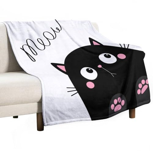 Meow Decke mit schwarzer Katze und Meow, Fleece, gemütlich, warm, süßes Kätzchen, leichte Überwurfdecke für Couch, Sofa, Bett, für Erwachsene, Kinder, Jungen, Teenager, Geschenk, 127 x 152 cm