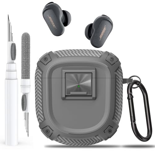 Olytop for New Bose QuietComfort Earbuds II (2022) / Ultra (2023) Case Cover with Lock Clip&Cleaner kit Pen, Rugged Shockproof Protective Hard Skin with Carabiner Men Women for Bose QC 2 - Grey