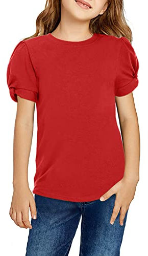 Arshiner Girls T-Shirts Puff Sleeve Kids Summer Round Neck Short Sleeve Tops Casual Cotton Fashion Tee Shirt for Girls 8-9 Years Red