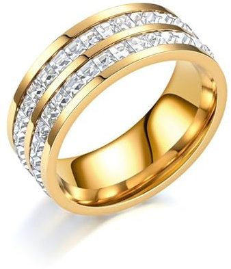 Whoiy Frauen Ringe Ewigkeit Edelstahl mit Zirkonia, Vergoldet Trauringe Verlobungsringe Ausgefallene Trauringe 8MM Personalisiert Gravur für Sie Größe 67 (21.3)