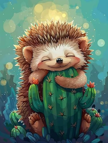 Pavemlo Diamond Painting Kits Süßer Igel, DIY 5D Diamant Stickerei Malerei Kits Tierkaktus, Full Drill Kristall Set Strass Stickerei Bilder DIY Diamant Malerei für House Wall Dekoration 30x40cm