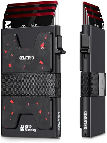 SEMORID Mens Wallet, Slim Wallet for Men, Pop Up Credit Card Holder RFID Blocking, Minimalist Metal Wallet with Cash Band, Aluminum Wallets (Black+Red)