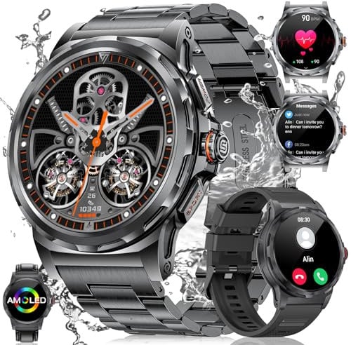 Smartwatch Uomo Chiamata e Assistente Vocale 1,43'' AMOLED 400mAh Orologio Fitness Impermeabile IP68 con 129 Modalità Sportive/SpO2/Contapassi/Cronometro Militare Smart Watch Android iOS, 3 Cinghie