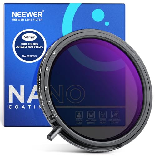 NEEWER 58mm Filtro True Color CPL e ND Variabile+Putter, ND3-64 (1,5-6 Stop), Filtro 2in1 CPL e Densità Neutra Limitata Regolabile, Vetro Ottico HD Multistrato/Telaio in Alluminio/Resistente ai Graffi