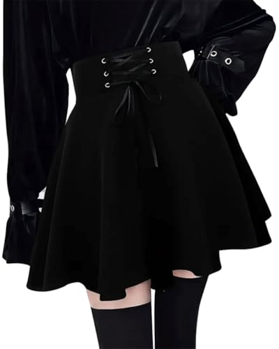 Minetom Damen Rock Gothic Lolita A-Linie Hoch Taille Plissee Plaid Flare Mini Schul Anime Rot EU 36-46