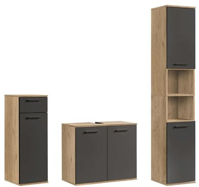 mokebo® Badmöbel Set 3-teilig aus Holz 'Der Steuermann', Badezimmer Set oder Komplettset mit Unterschrank, Beistellschrank & Hochschrank, Badezimmerschränke oder Badmöbel Garnitur in Eiche-Schwarz