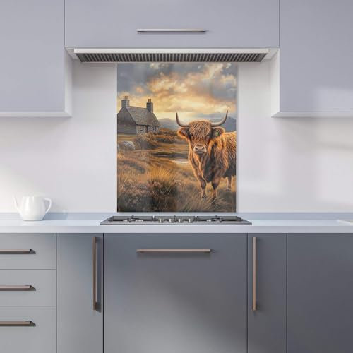 Premium Highland Cow And A Cottage Kitchen Splashback 6mm Toughened Glass Kitchen Splashback – Heat Resistant Splashback for Kitchens, Perfect for Cookers and Hobs, Polished Edges