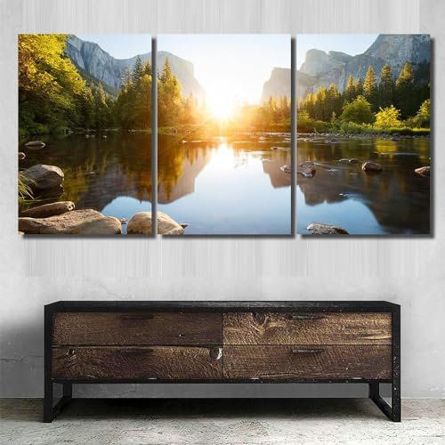 QYYAMDEQ Leinwand Bilder,Poster, Kunstdrucke 3 Stück Yosemite Valley Sonnenaufgang Wandbilder Groß Painting Bilder 3 Teilig Wanddekoration Leinwandbilder Flur Deko Wohnzimmer Modern