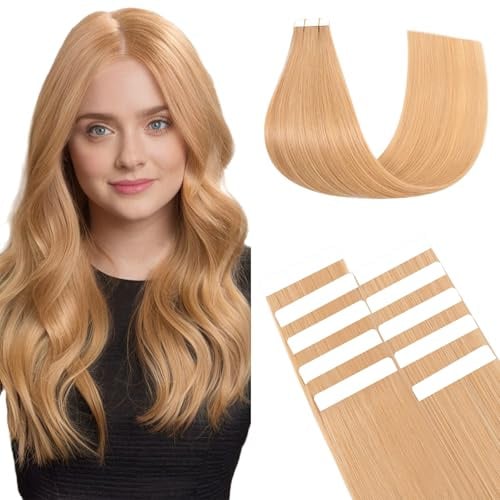 TESS Human Hair Tape In Extensions Real Hair Invisible Thin Type 10 Pcs 15G Lightweight For Highlight Straight - #24 Natural Blonde - 16 Inch