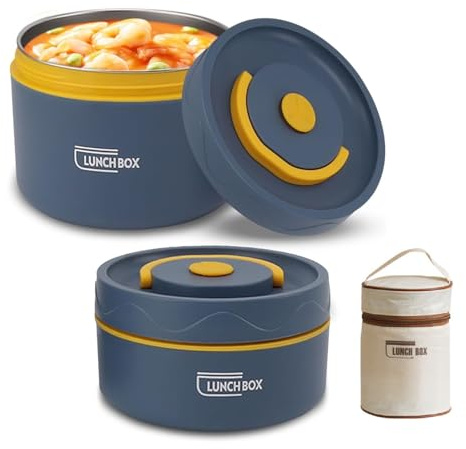 Thermos per Alimenti Caldi, Contenitore Termico di Acciaio Inossidabile con Inserti Lunch Box Impilabile con Sacchetto Isolante, Contenitore Termico, per Conservare Zuppe (2Pcs Adatto al microonde)
