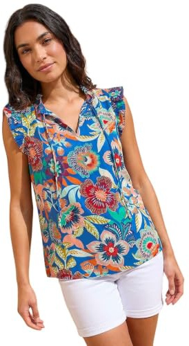 Roman Originals Mono Printed Frill Sleeve Top for Women UK - Ladies Everyday Holiday Spring Summer V-Neckline Comfy Soft Evening Vacation Work Party
